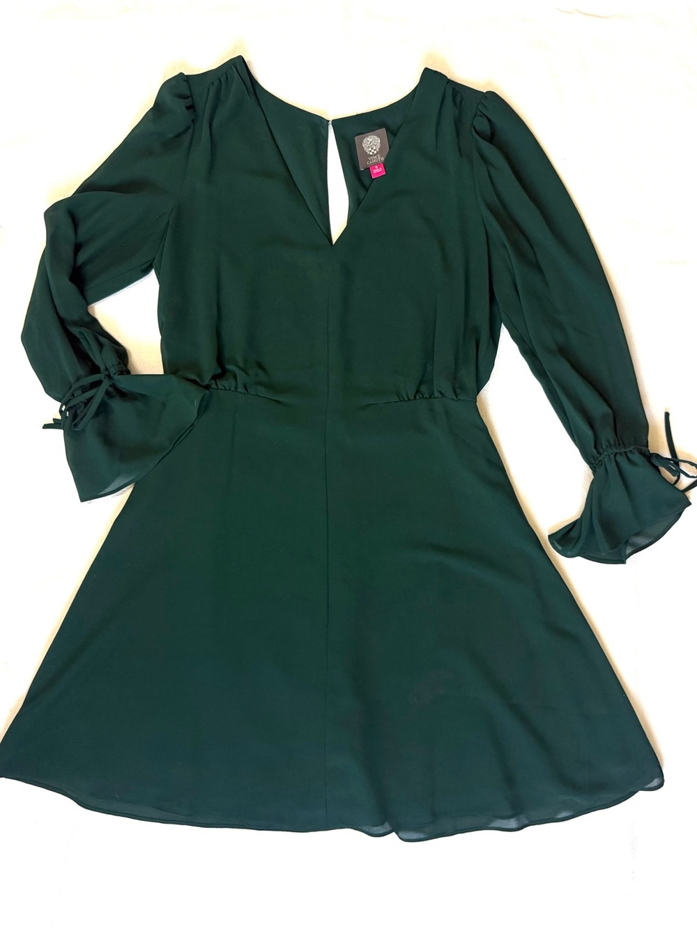 Vince Camuto Dark Green Holiday Dress w/ Sheer Bell Sleeves – Size 6